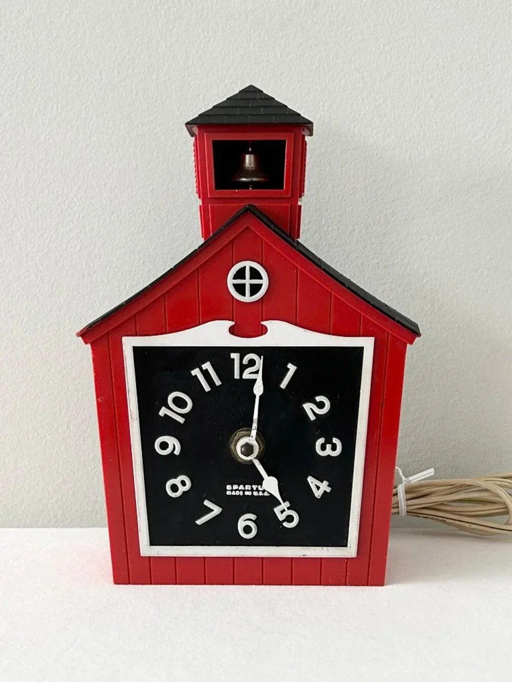 Vintage Spartus Red Schoolhouse Wall Clock Quartz Electric USA For PARTS REPAIR